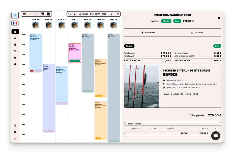 Planning Izidoor avec détail de commande